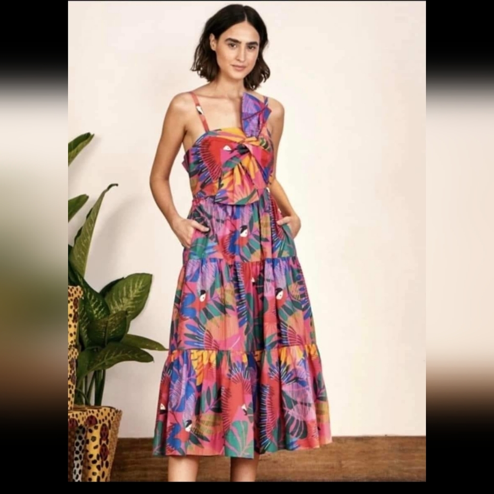 Farm Rio Macaw Bow Top Midi Dress Size Small